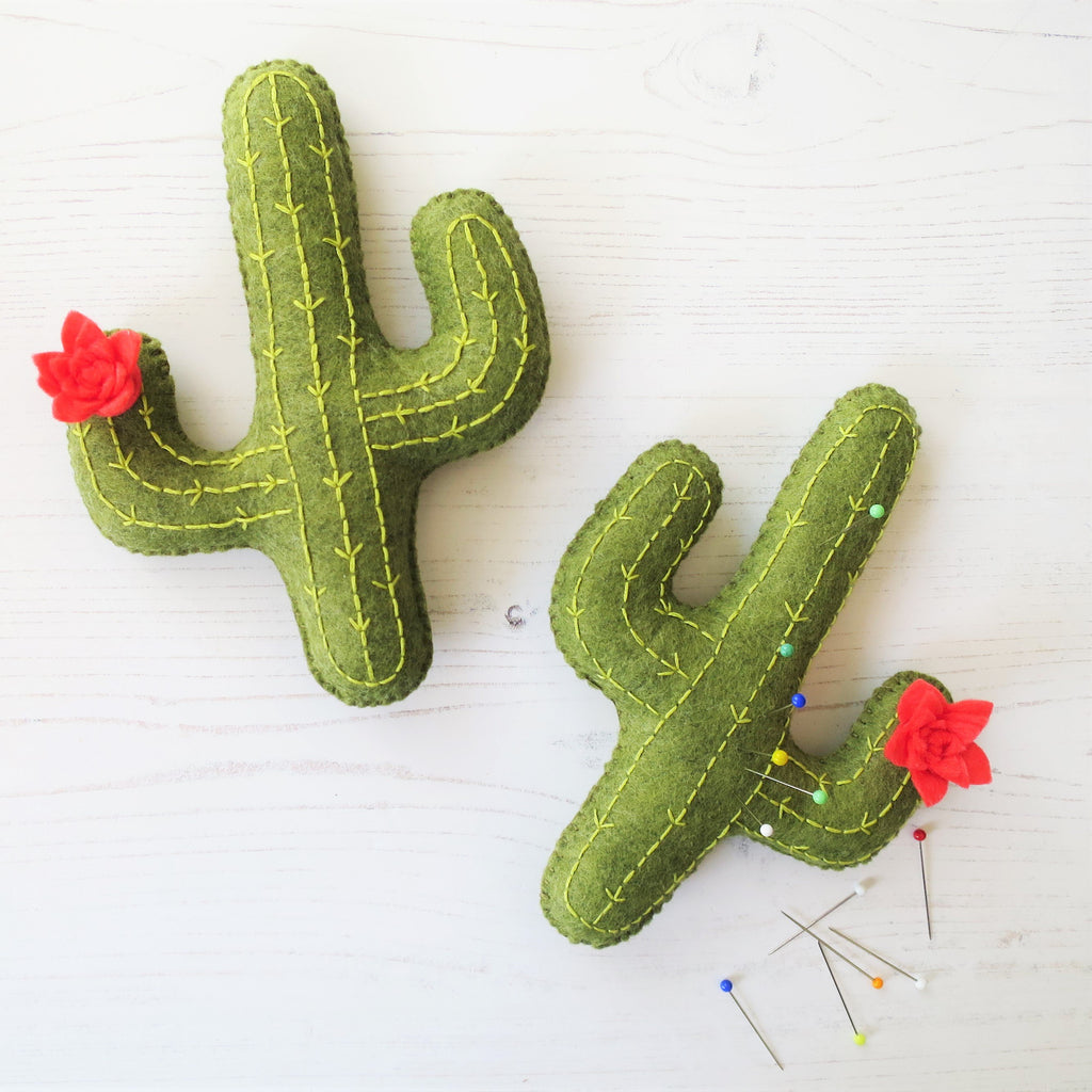 Felt cactus sewing, with embroidery and felt flowers