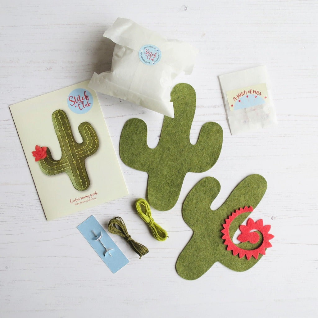 Cactus pin cushion sewing kit with pre-cut felt pieces, sewing threads, pins and needle