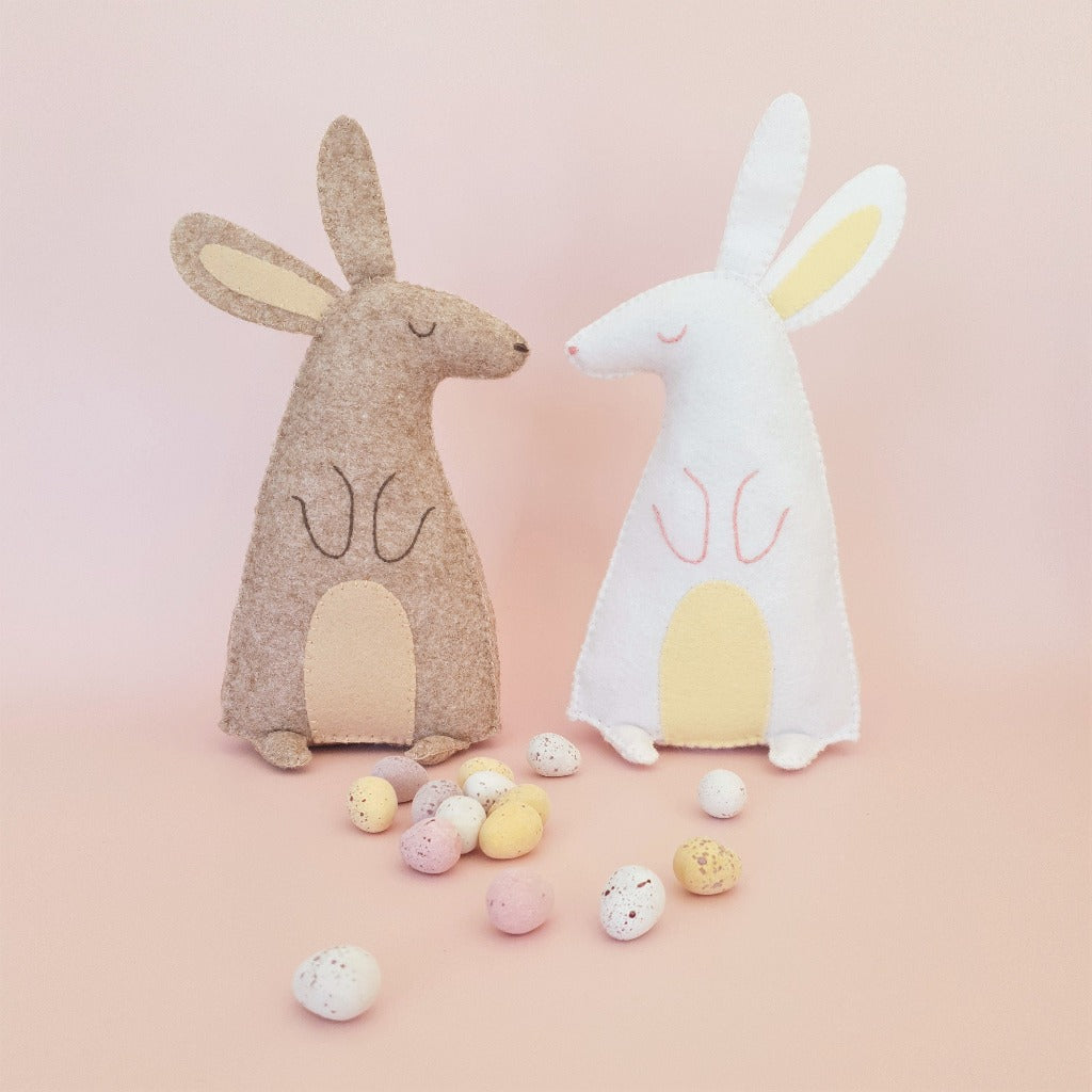 felt easter bunny sewing project with chocolate mini eggs