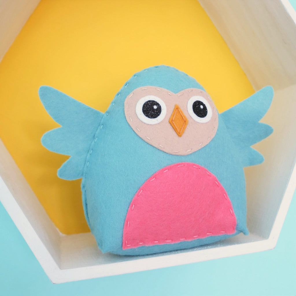 blue felt owl sewing kit for children