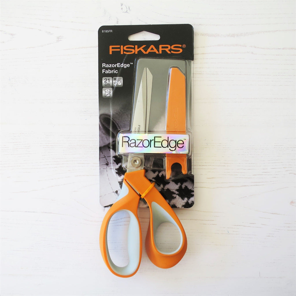 Fiskars Razor Edge scissors, 21cms, right handed design, in packaging.