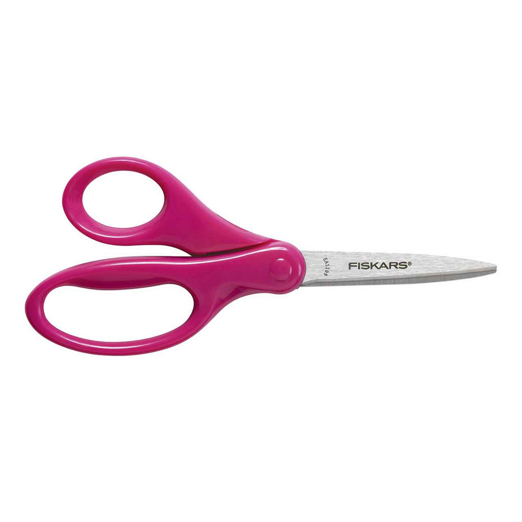 Pink handled Fiskars students scissors, with no packaging.