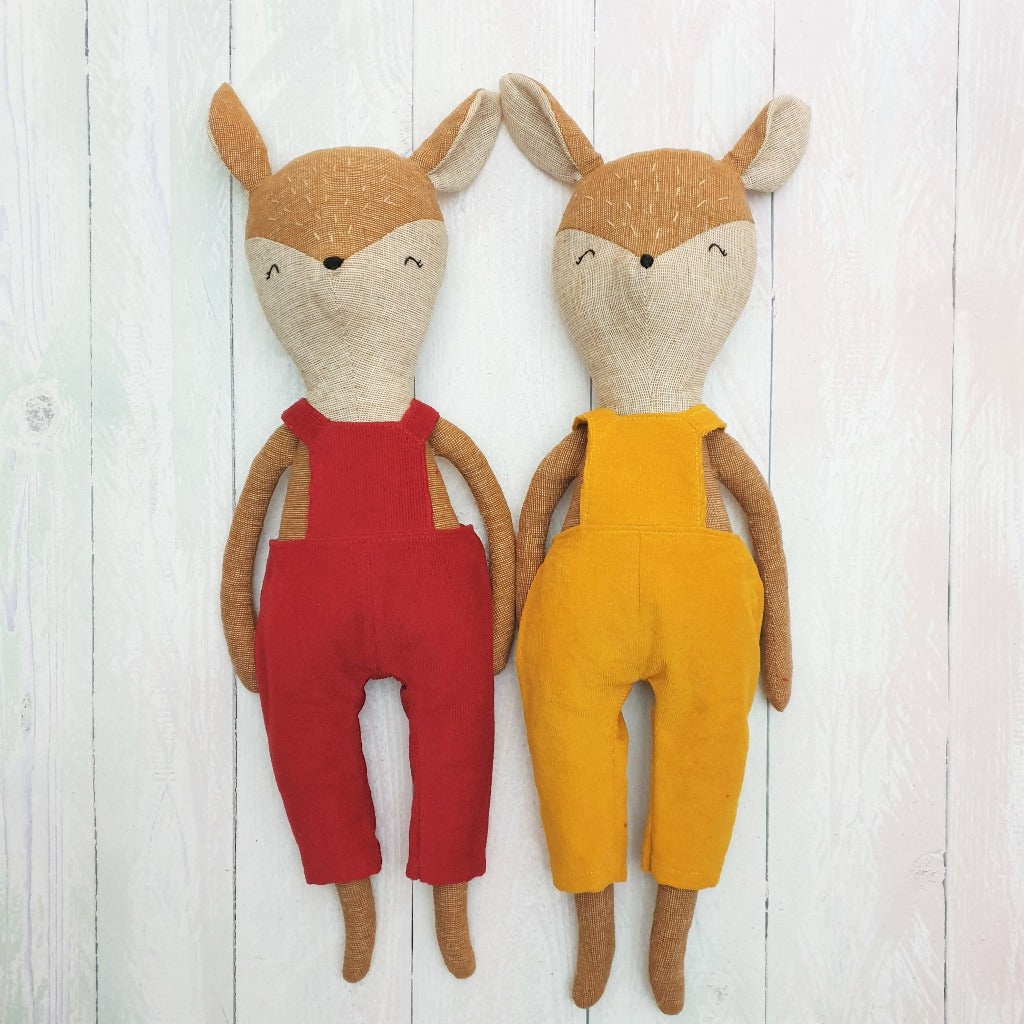 Two beautiful vintage style Deer toys wearing dungarees or overalls in red and yellow corduroy