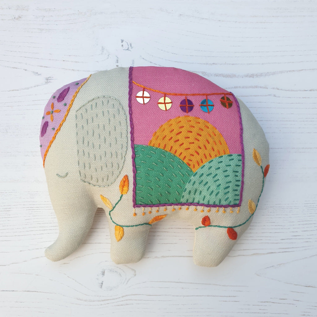 Elephant sewing kit with embroidery on printed elephant panel